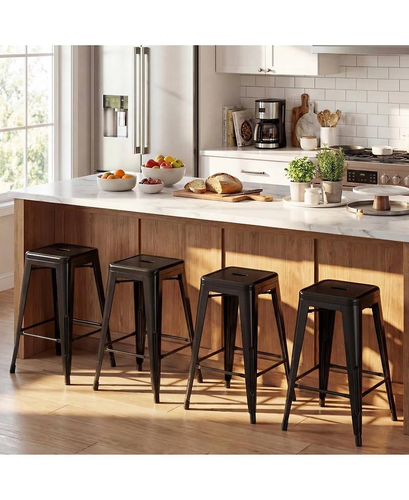 Gymax Metal Bar Stools Set of 4 24'' Counter Height Barstools with Backrests and Footrests