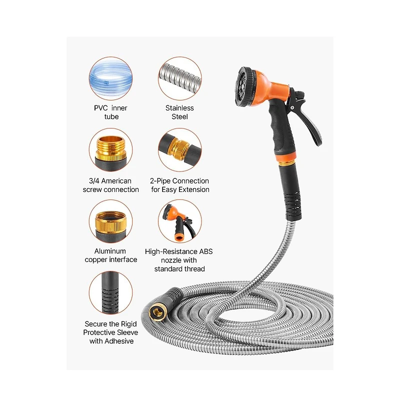 Sugift Stainless Steel Metal Garden Hose 50 ft with 10 Function Nozzle