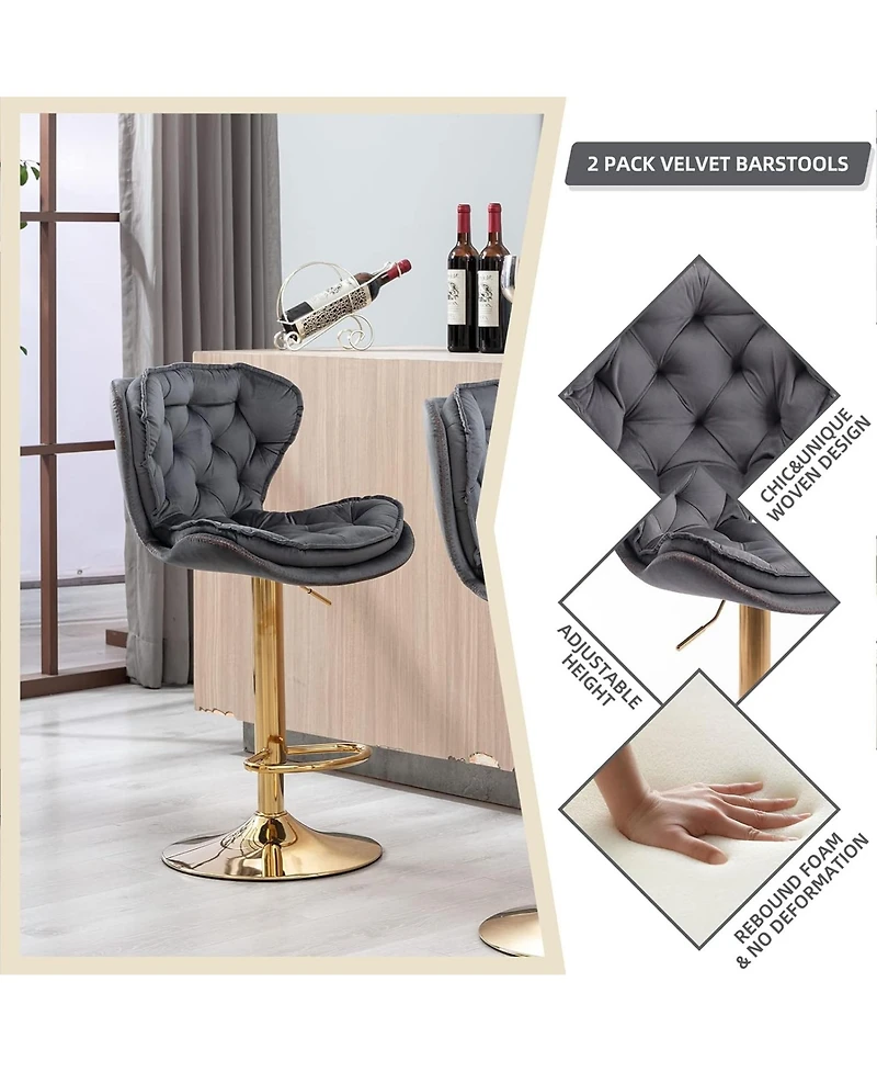Rainsken Swivel Velvet Bar Stools Set of 2, Adjustable Counter Height Chairs with Chrome Footrest and Base for Kitchen Island, Home Pub