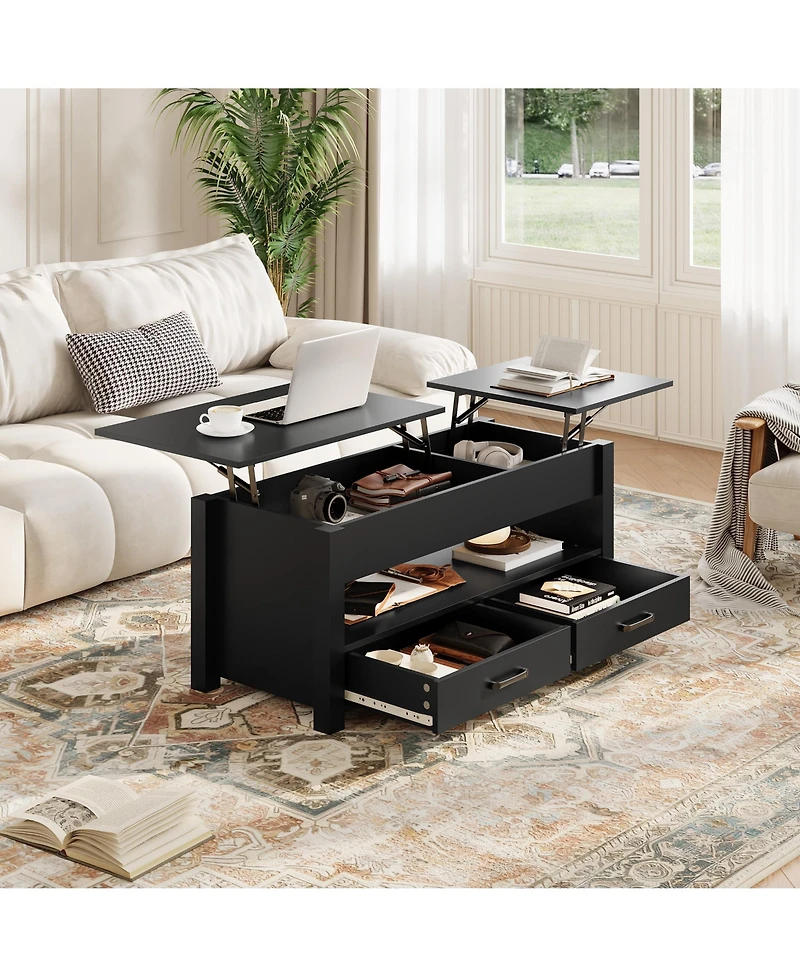 Homfan Lift Top Coffee Table with Hidden Storage, 47" Farmhouse Center Table with Two Drawers and Adjustable Wooden Tabletop for Living Room