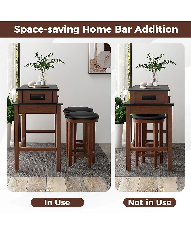 Gymax 3-Piece Home Bar Set Counter Height Bar Table with 2 Upholstered Bar Stools