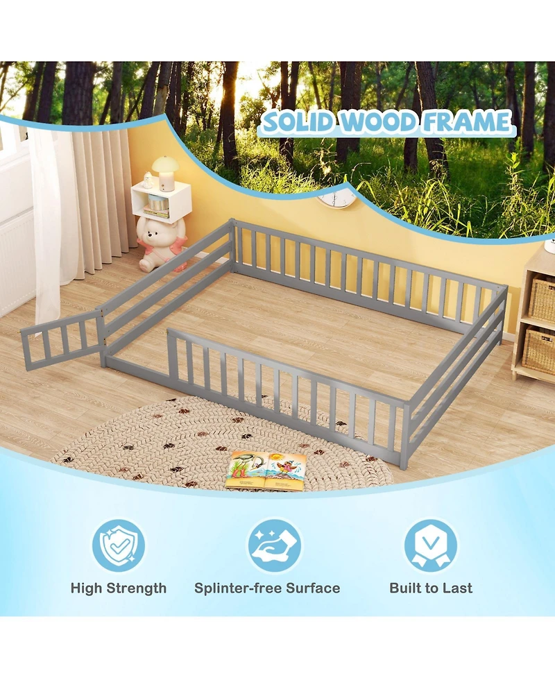 Slickblue Kids Floor Bed with Full Safety Guardrails, Low Height Platform Frame