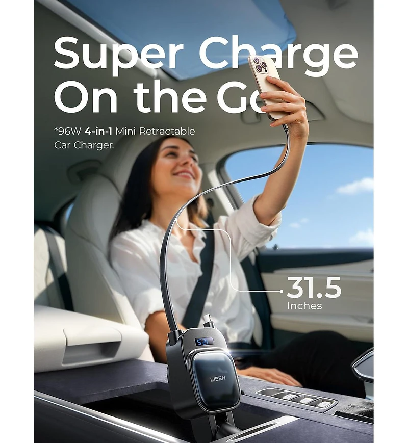 Lisen 96W Retractable Car Charger, 4-in-1 Fast Charging Adapter with Usb-c, Usb-a and Dual Cables for iPhone, Samsung, iPad, Android