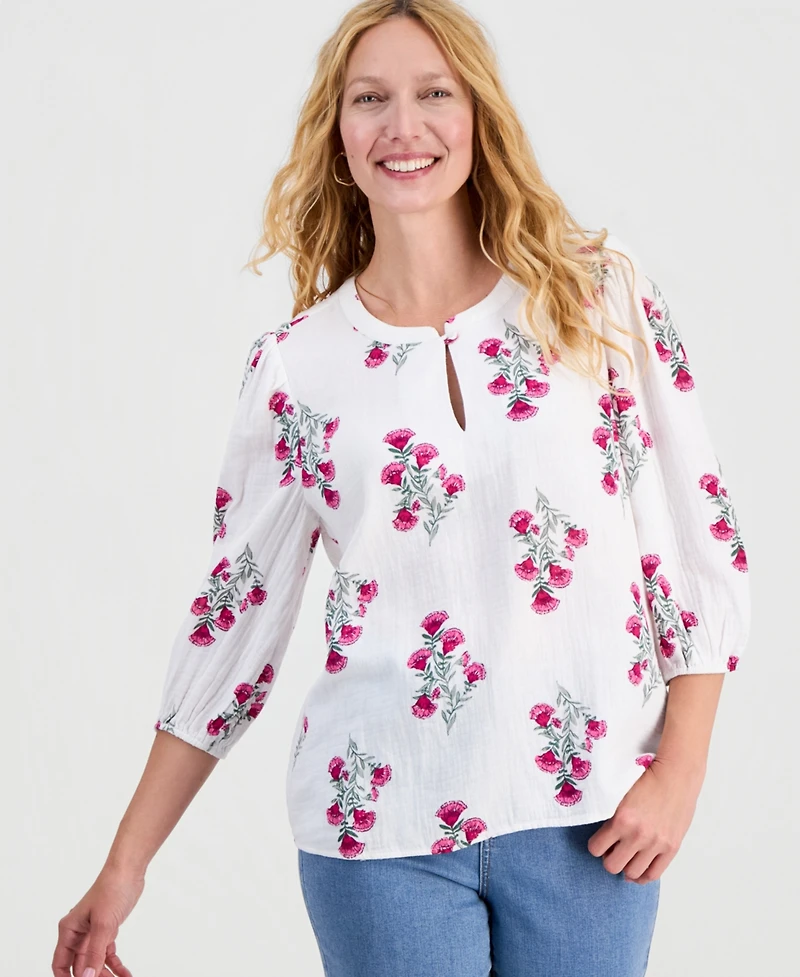 Style & Co Women's Printed Cotton Gauze 3/4-Sleeve Top, Macy's Exclusive