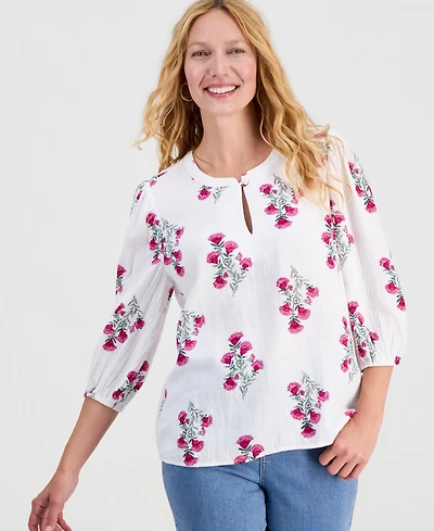 Style & Co Women's Printed Cotton Gauze 3/4-Sleeve Top, Macy's Exclusive