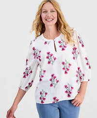 Style & Co Women's Printed Cotton Gauze 3/4-Sleeve Top, Macy's Exclusive