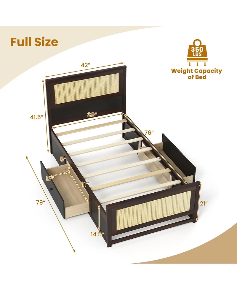 Slickblue Rattan Twin Bed Frame with Built-in Storage Drawers