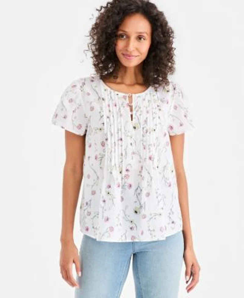 Style Co Womens Printed Cotton Pintuck Flutter Sleeve Top Macys Exclusive