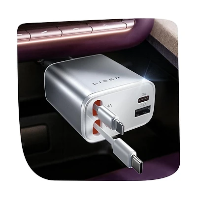 Lisen Retractable Car Charger 4-in-1, 75W Fast Charging Usb-c Car Adapter with Built-in Cables, Multi Device Charger for iPhone, Samsung, iPad