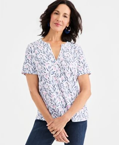 Style Co Womens Printed Short Sleeve Split Neck Top Macys Exclusive