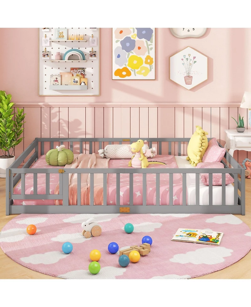 Slickblue Kids Floor Bed Frame with Full Length Guardrails, Montessori Style Safe Sleeping