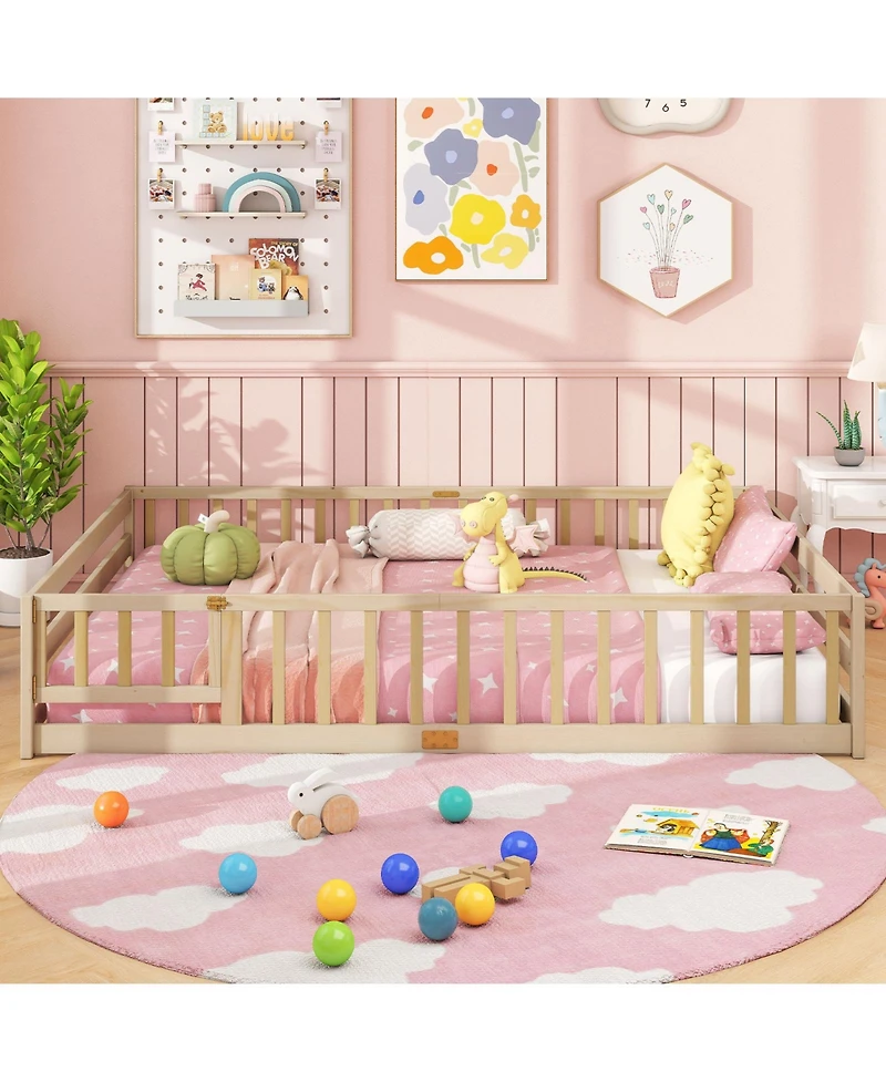 Slickblue Kids Floor Bed Frame with Full Length Guardrails, Montessori Style Safe Sleeping