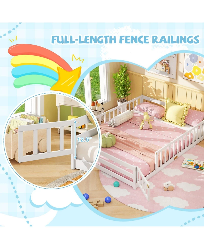 Slickblue Kids Floor Bed Frame with Full Length Guardrails, Montessori Style Safe Sleeping