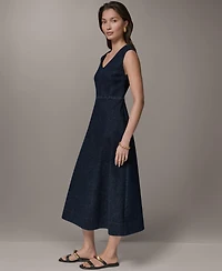 Donna Karan Weekend Women's Contrast Color Self-Belted V-Neck Midi Dress
