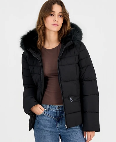 Maralyn & Me Juniors' Faux-Fur-Trim Hooded Puffer Coat