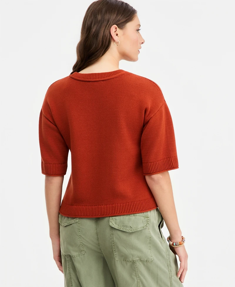 On 34th Women's Cotton Short-Sleeve Relaxed Crew Sweater, Macy's Exclusive