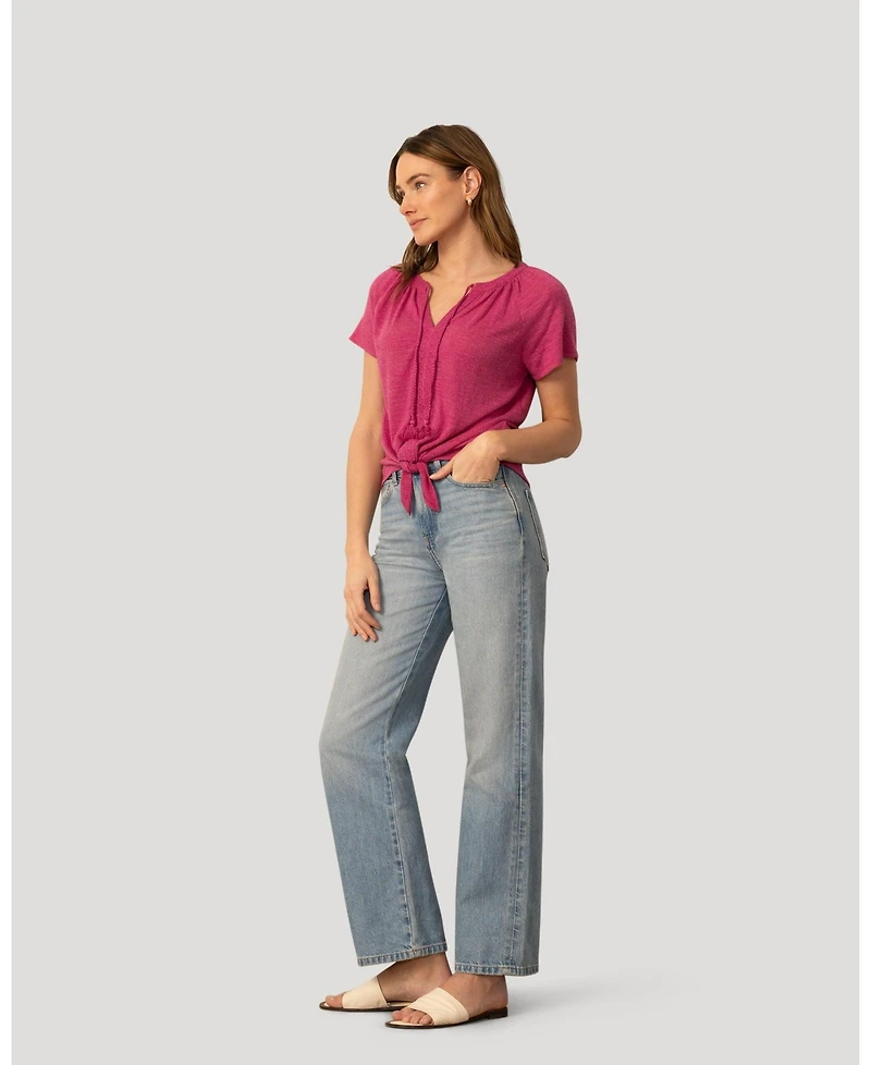 Cable & Gauge Women's Embroidered Split Neck Tie Top