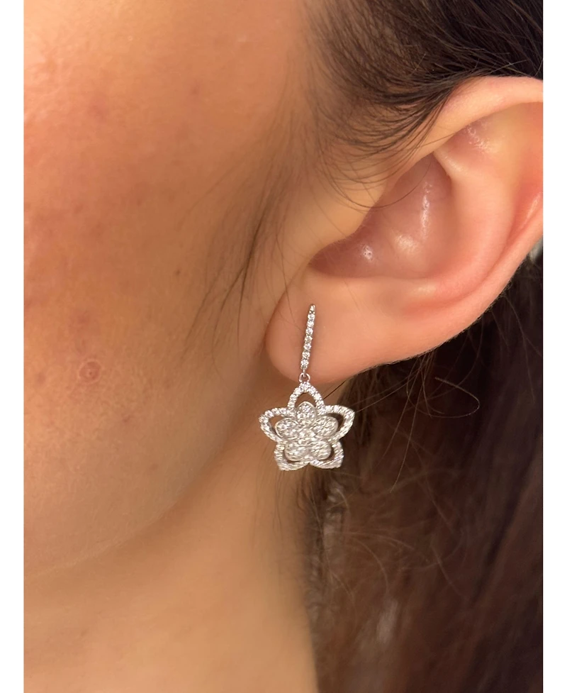 Suzy Levian New York Sterling Silver Pave Cubic Zirconia Flower Halo Drop Dangle Earrings