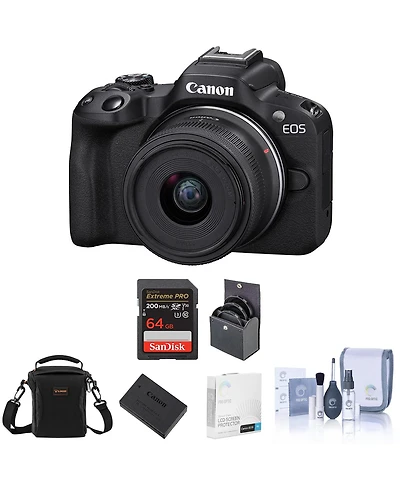 Canon Eos R50 Mirrorless Camera, Rf-s 18-45mm f/4.5-6.3 Is Stm Lens, Extra Battery, 64GB Sd Card, Shoulder Bag, Screen Protector, 49mm