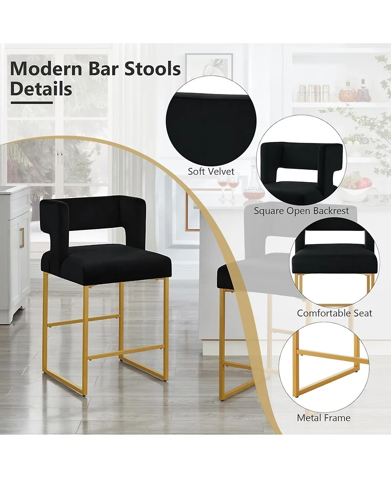 Rainsken 26" H Bar Stools Set of 2, Modern Fashion Counter Height Chairs with Square Open Backrest and Sturdy Iron Legs for Kitchen Island