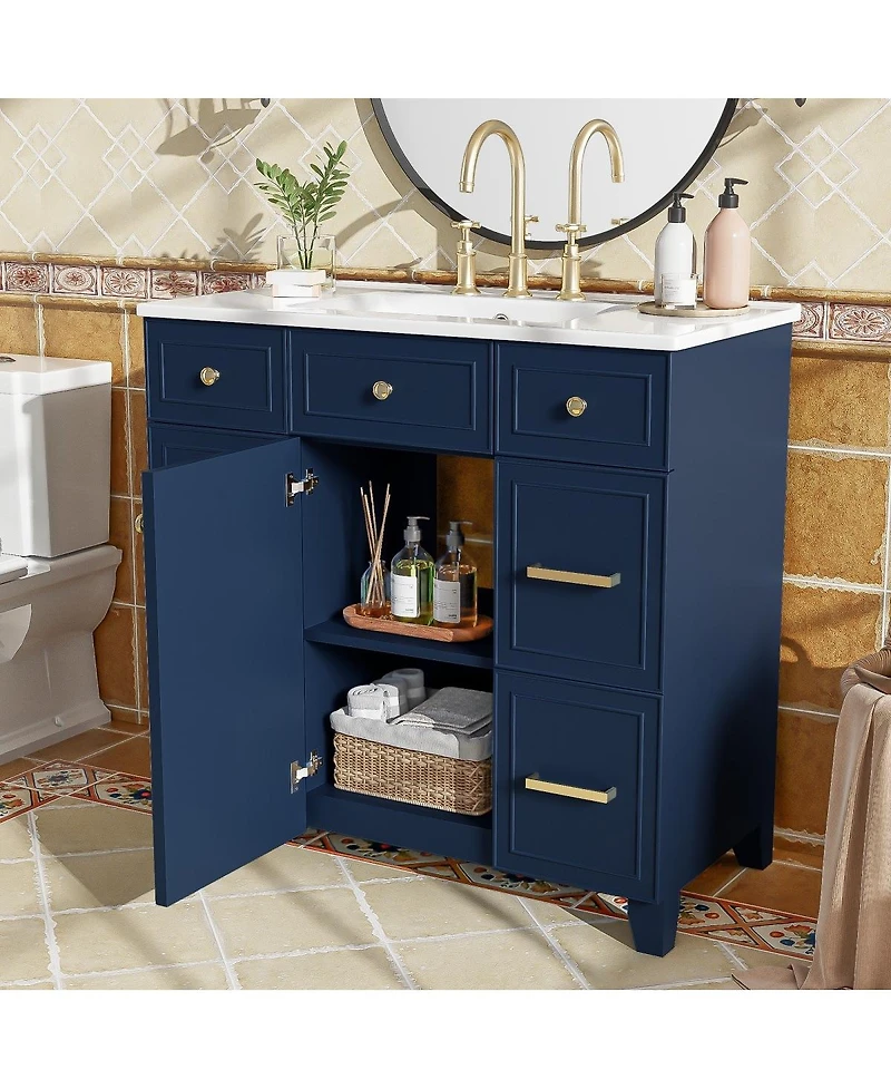 Sillysis 36 Inch Bathroom Vanity with Ceramic Sink, Solid Wood Frame, Ample Storage Drawers and Soft Close Door for Small Spaces