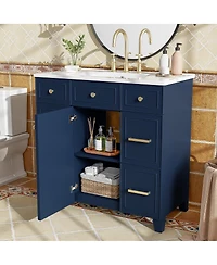 Sillysis 36 Inch Bathroom Vanity with Ceramic Sink, Solid Wood Frame, Ample Storage Drawers and Soft Close Door for Small Spaces