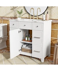Sillysis 36 Inch Bathroom Vanity with Ceramic Sink, Solid Wood Frame, Ample Storage Drawers and Soft Close Door for Small Spaces
