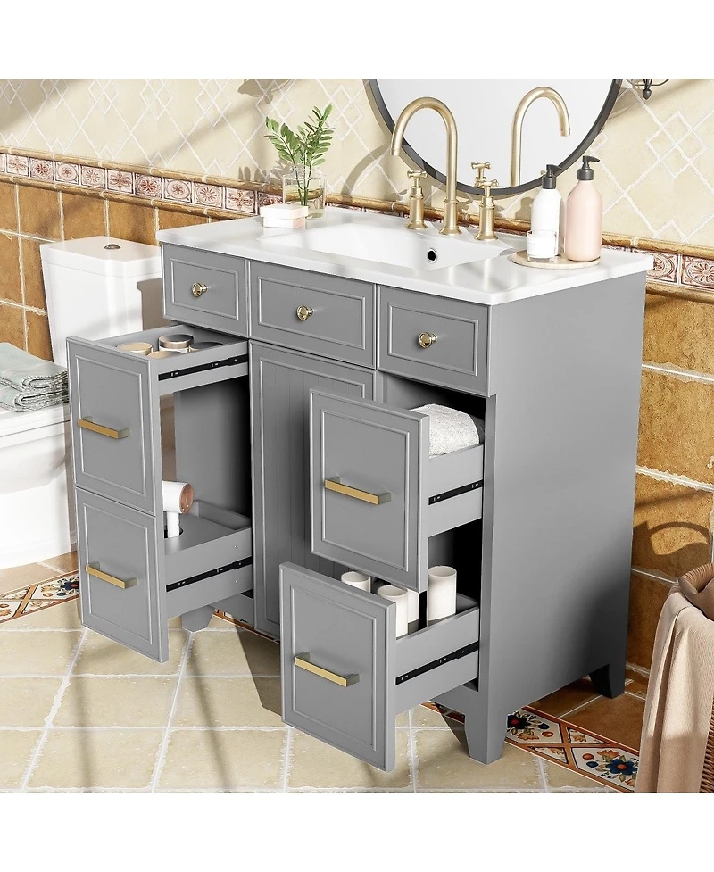 Sillysis 36 Inch Bathroom Vanity with Ceramic Sink, Solid Wood Frame, Ample Storage Drawers and Soft Close Door for Small Spaces