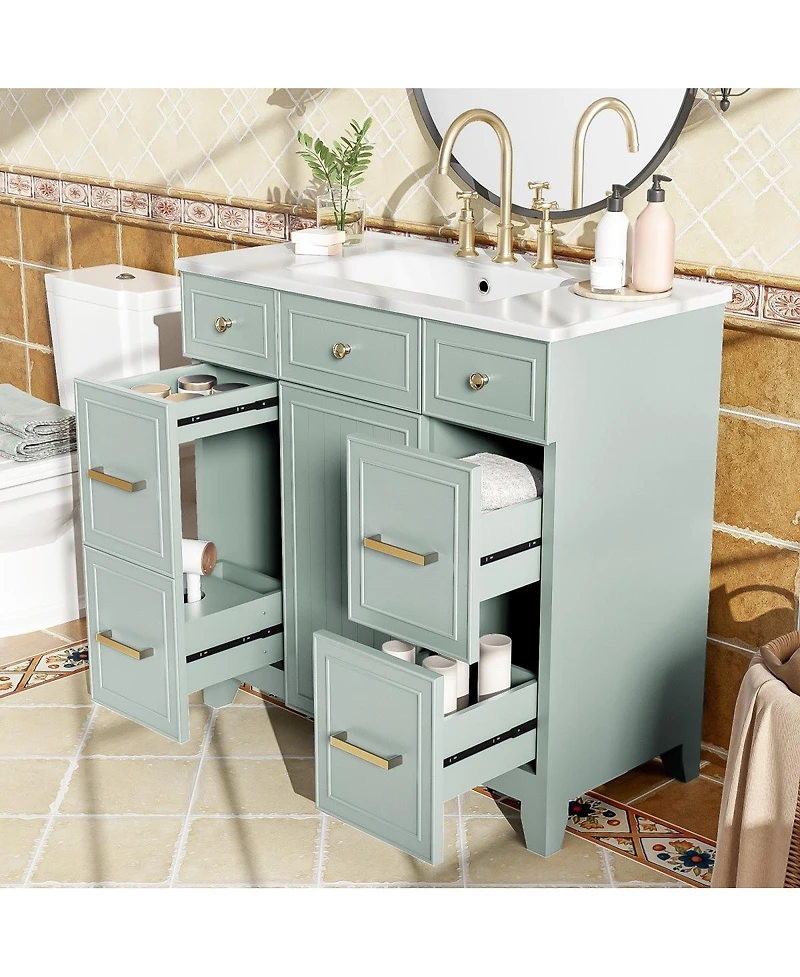Sillysis 36 Inch Bathroom Vanity with Ceramic Sink, Solid Wood Frame, Ample Storage Drawers and Soft Close Door for Small Spaces