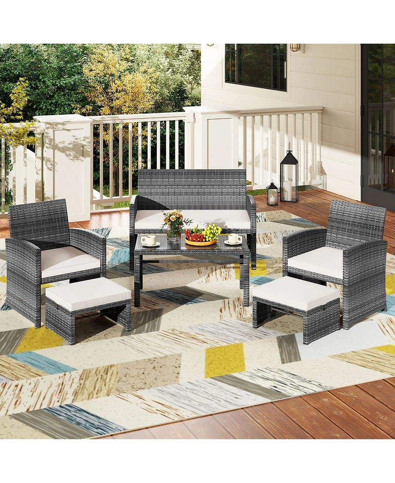 Sugift 6-Piece Outdoor Pe Rattan Sectional Sofa Set with Glass Coffee Table
