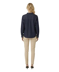 Modenaire Women's Denim Collared Button-Front Pocket Shirt