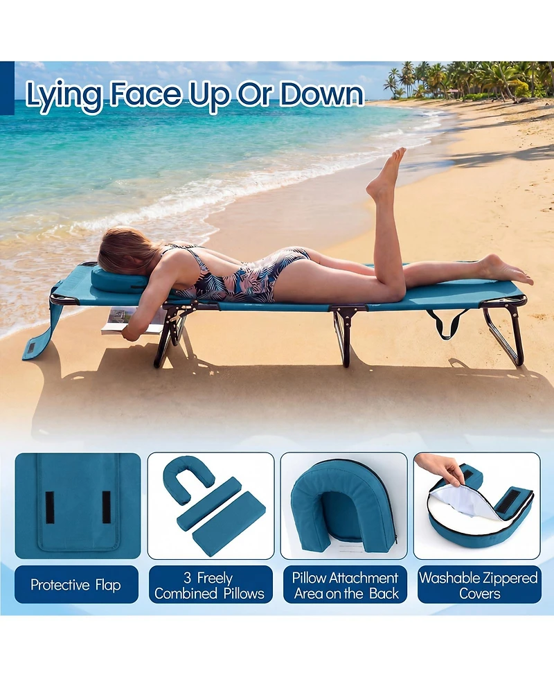 Gymax 2PCS Folding Beach Sun Lounger w/Face Hole Removable Pillows 4-Position Backrest