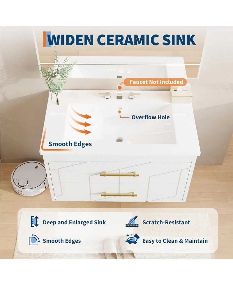 gaomon Floating Bathroom Vanity with Sink, Modern Wall-Mounted Cabinet Ceramic Top, 2 Drawer Storage for Small or Apartment