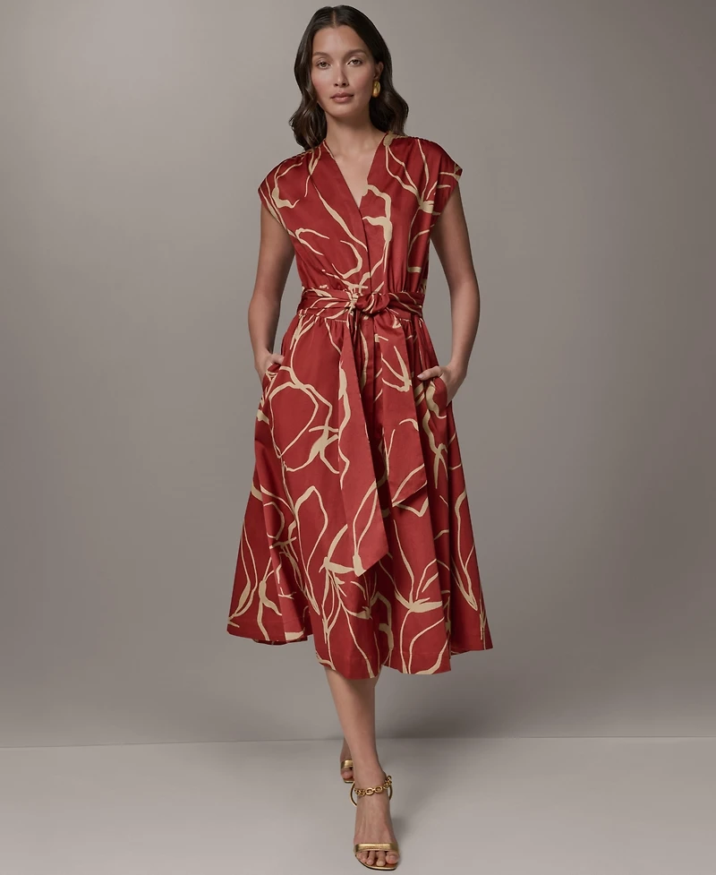 Donna Karan New York Women's Printed Tie Belt V-Neck Midi Dress