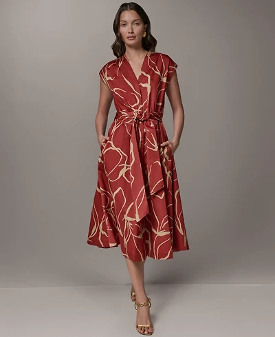Donna Karan New York Women's Printed Tie Belt V-Neck Midi Dress