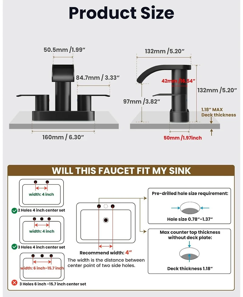Midola 4 Inch Centerset Waterfall Bathroom Sink Faucet Deck Mount 2 Handle 2 or 3 Hole Pop Up Drain Modern Vanity Mixer Tap Matte