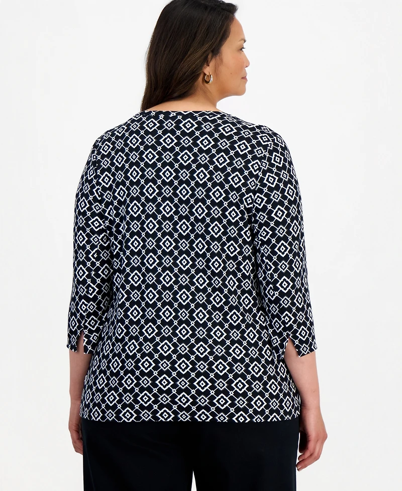 Style & Co Plus Laurel Tile 3/4-Sleeve Geometric Boatneck T-Shirt, Macy's Exclusive