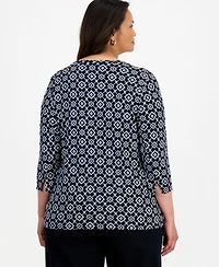 Style & Co Plus Laurel Tile 3/4-Sleeve Geometric Boatneck T-Shirt, Macy's Exclusive