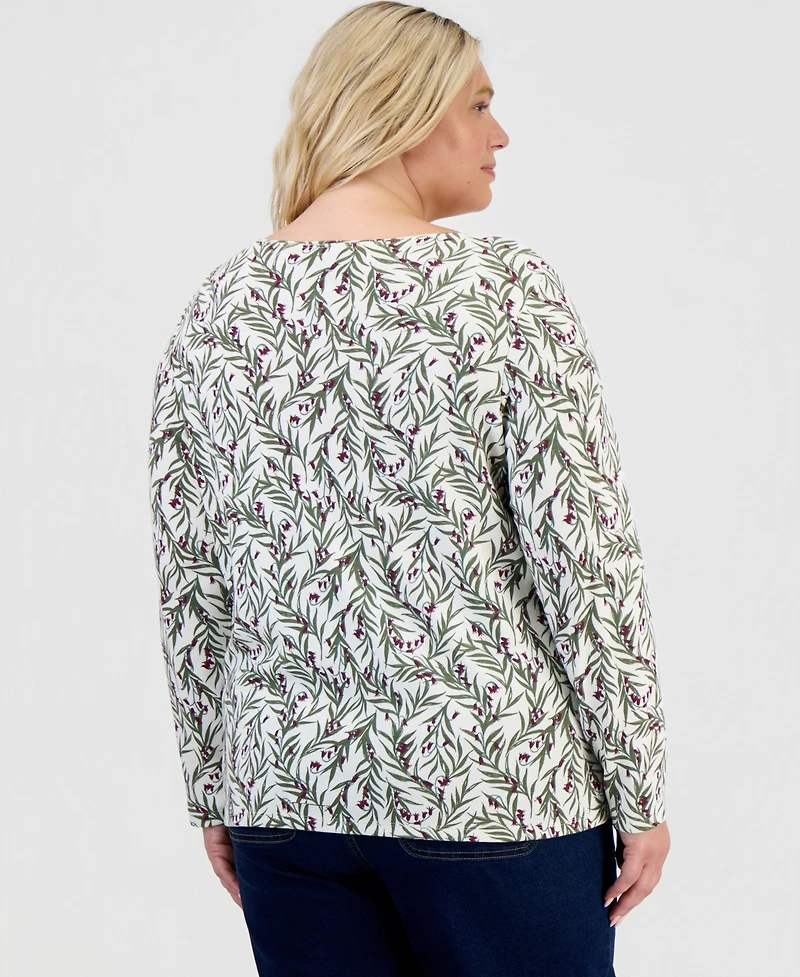 Style & Co Plus Hidden Bells Floral Scoop Neck Long-Sleeve T-Shirt, Macy's Exclusive