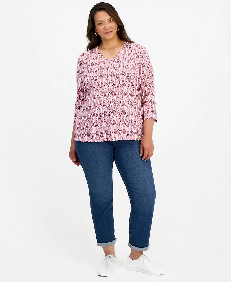 Style & Co Plus Textured Arrow V-Neck 3/4-Sleeve Cotton-Blend Top, Macy's Exclusive