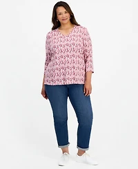 Style & Co Plus Textured Arrow V-Neck 3/4-Sleeve Cotton-Blend Top, Macy's Exclusive