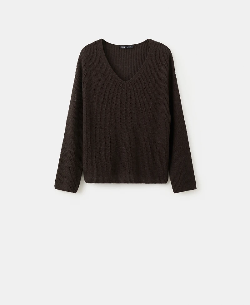 Mango Women's V-Neck Lace Pattern Knitted Sweater