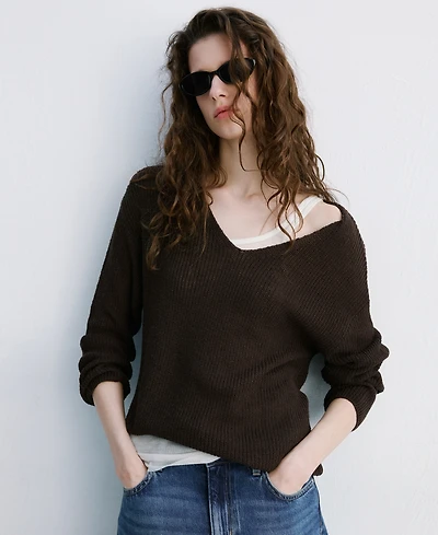 Mango Women's V-Neck Lace Pattern Knitted Sweater