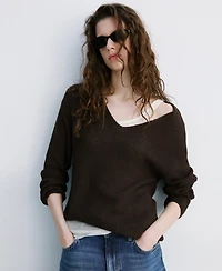 Mango Women's V-Neck Lace Pattern Knitted Sweater
