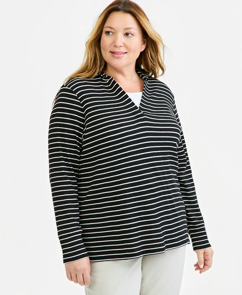 Style & Co Plus Waffle-Knit Striped V-Neck Hoodie, Macy's Exclusive