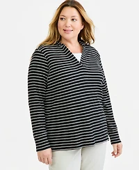 Style & Co Plus Waffle-Knit Striped V-Neck Hoodie, Macy's Exclusive