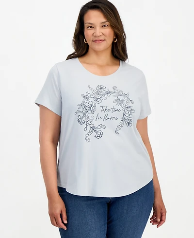 Style & Co. Plus Time For Flowers Graphic Crewneck Curved-Hem T-Shirt, Macy's Exclusive