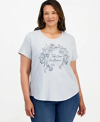 Style & Co. Plus Time For Flowers Graphic Crewneck Curved-Hem T-Shirt, Macy's Exclusive