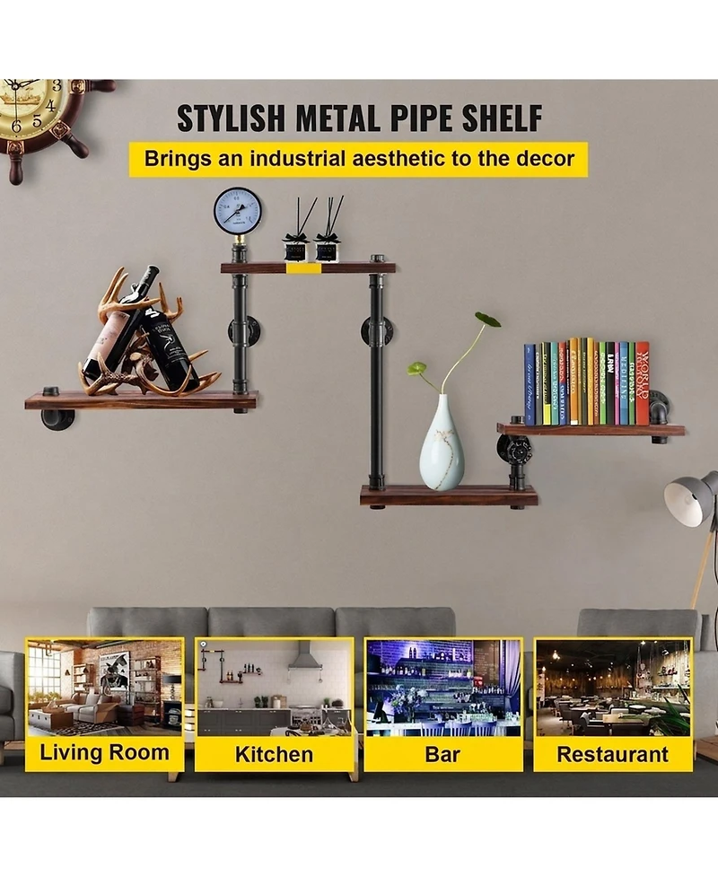 Sugift 4 Tier Industrial Pipe Shelving Rustic Floating Wall Mount Shelf