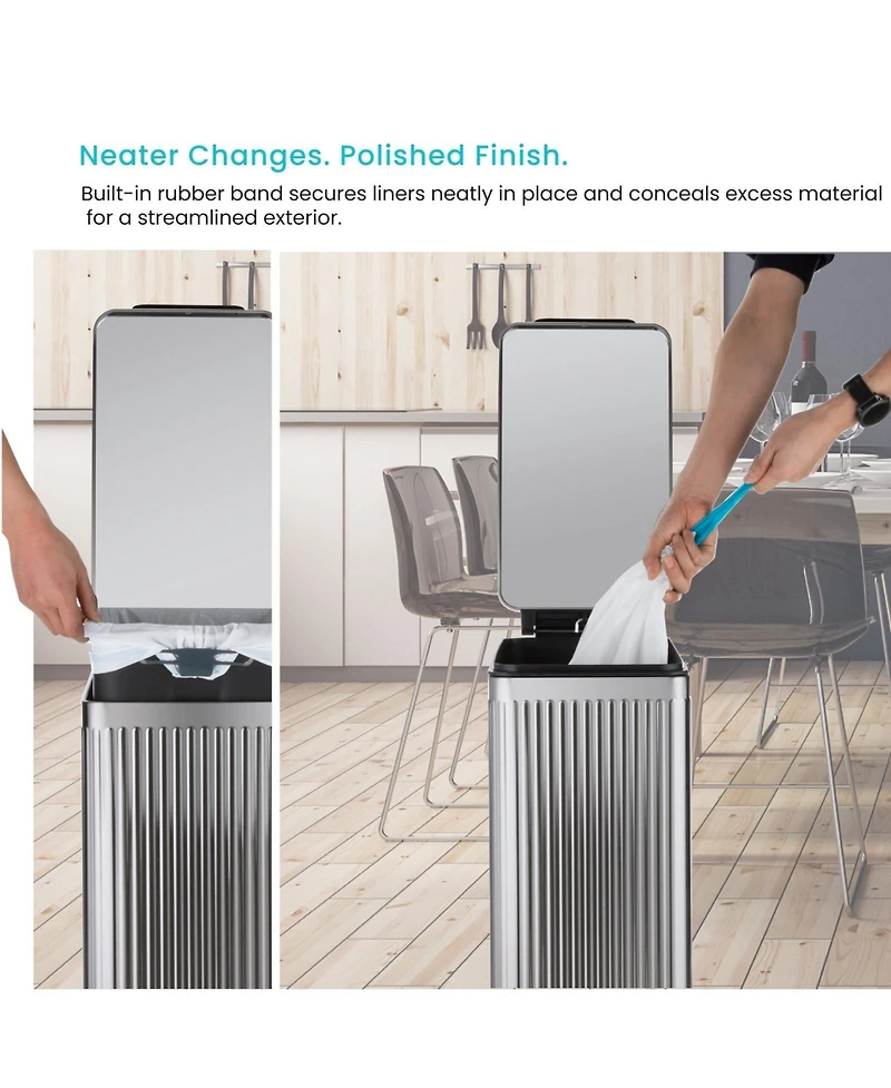 Home Zone Living 12 Gallon Slim Kitchen Trash Can with Step Pedal, Soft-Close Lid and Reeded Stainless Steel Body, Silver